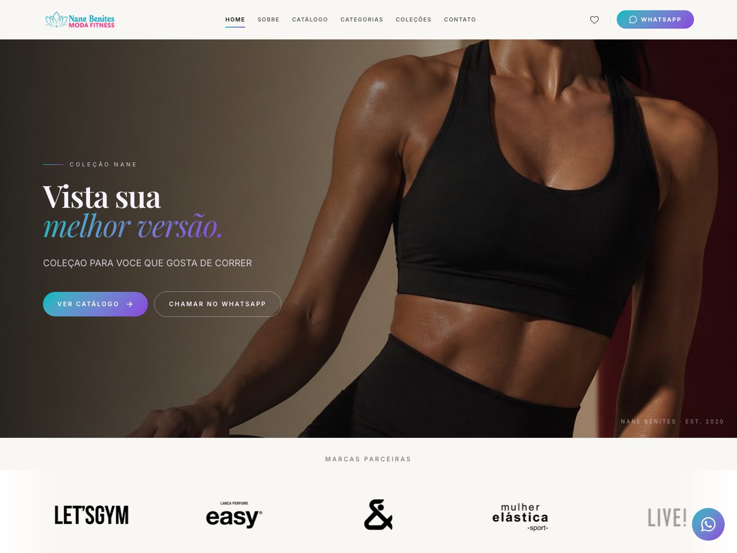 Página inicial do site da Nane Benites Moda Fitness